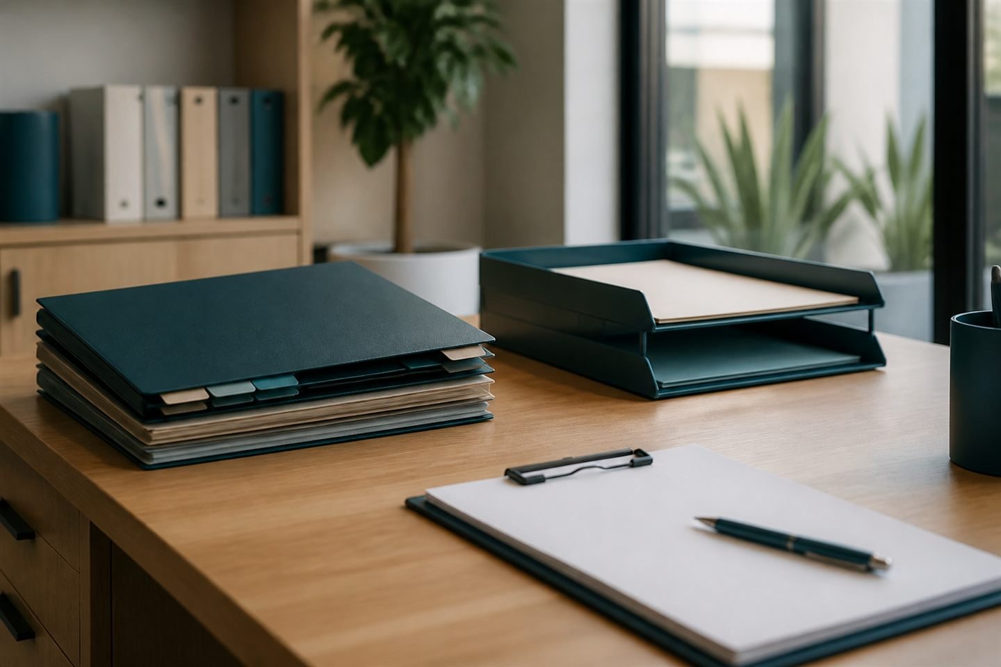 Documentación y procesos administrativos organizados en una oficina profesional